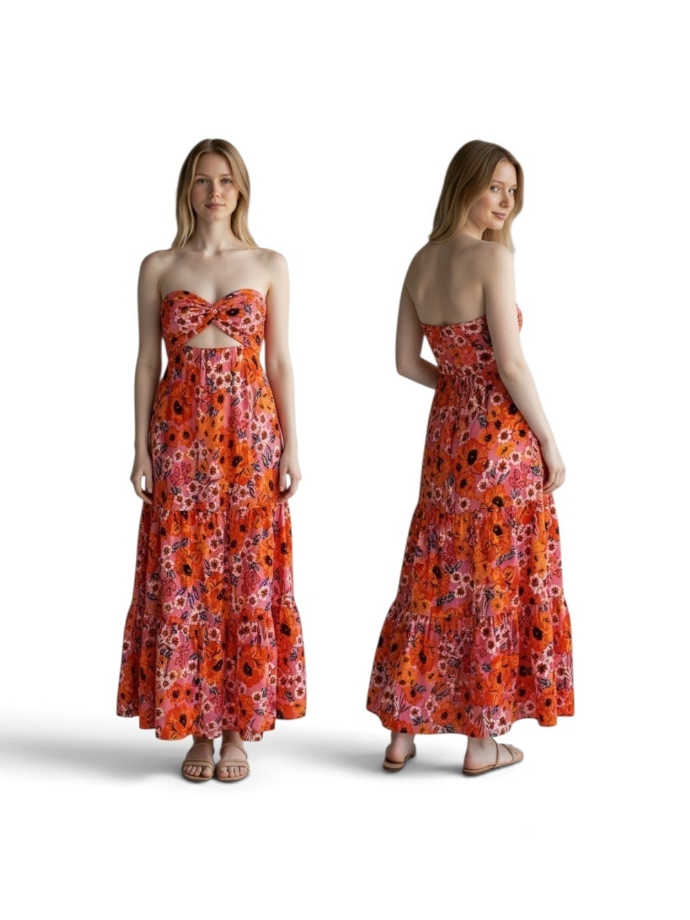 Strapless Floral Cutout Maxi Dress in Orange and Pink